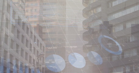 Image of charts processing data over cityscape