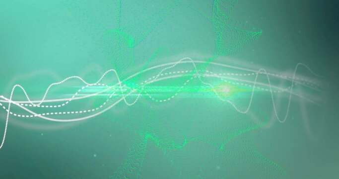 Image of light trails and data processing over green background