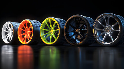 Stylish car wheels display showcasing vibrant colors and unique designs in a studio setting