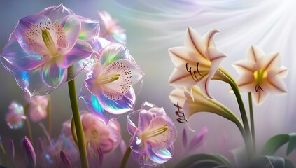 Fototapeta premium Beautiful Amaryllis flowers with translucent petals showcasing iridescent hues, creating a surreal and magical ambiance, cool spectrum amaryllis flowers. Created with generative AI 