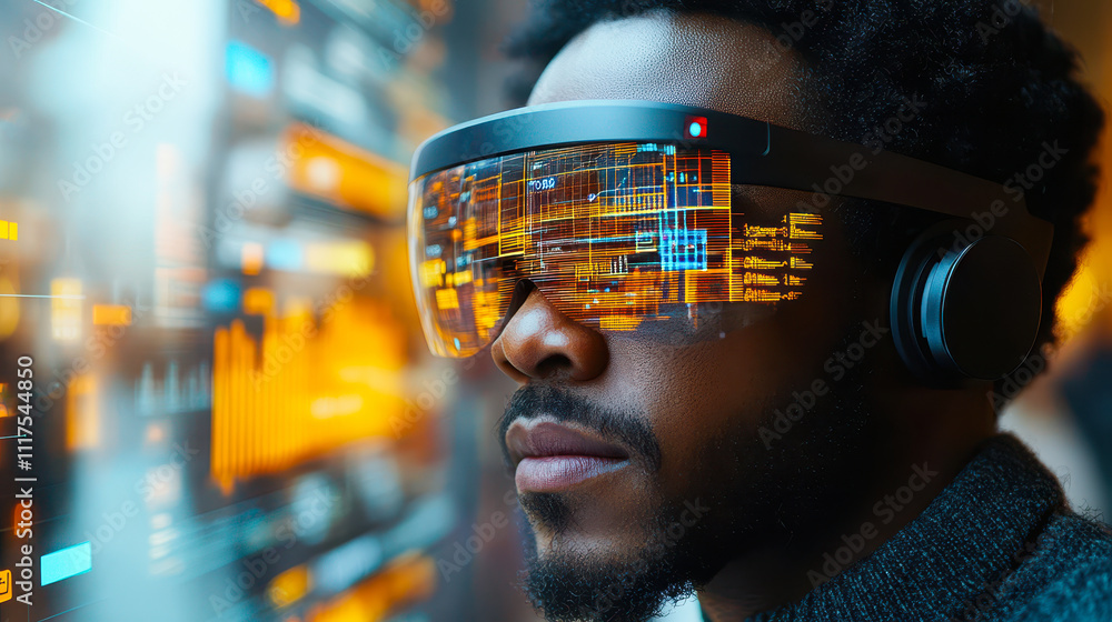 Poster neobank customer using ar headset for interactive financial data analysis with floating graphs