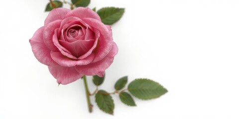 Pink rose flower with delicate petals in full bloom against a clean and simple white background, botanical, floral