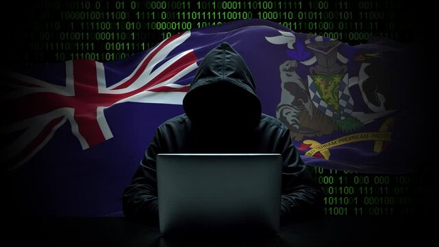 South Georgia and the South Sandwich Islands flag - 3D realistic waving flag on matrix digital background with binary code