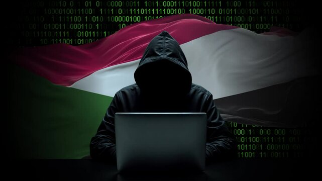 Sudan flag - 3D realistic waving flag on matrix digital background with binary code