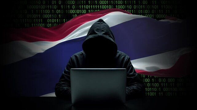 Thailand flag - 3D realistic waving flag on matrix digital background with binary code