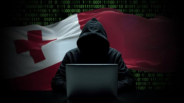 Tonga flag - 3D realistic waving flag on matrix digital background with binary code