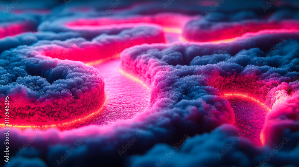 Poster abstract neon glowing patterns with cloud-like textures in futuristic design