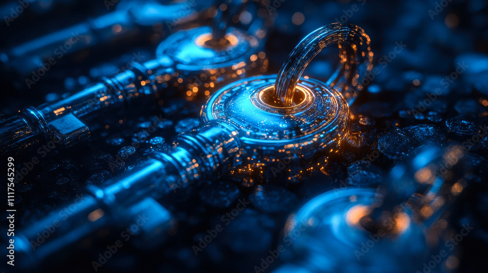 Poster advanced cybersecurity network: interconnected locks and keys of light in digital security
