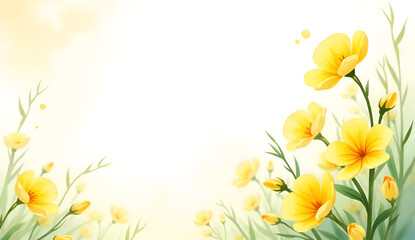 Watercolor painting of yellow flowers and green leaves on white background