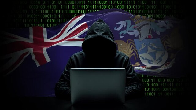 Tristan da Cunha flag - 3D realistic waving flag on matrix digital background with binary code