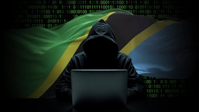 Tanzania flag - 3D realistic waving flag on matrix digital background with binary code