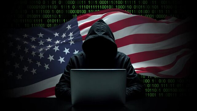 United hackings of America USA flag - 3D realistic waving flag on matrix digital background with binary code