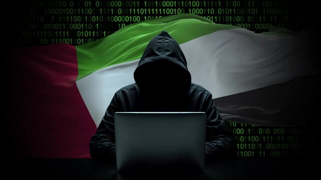 United Arab Emirates flag - 3D realistic waving flag on matrix digital background with binary code