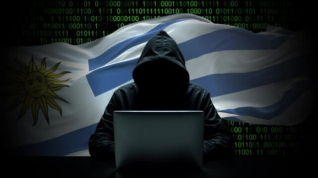 Uruguay flag - 3D realistic waving flag on matrix digital background with binary code
