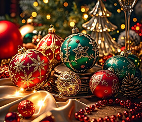 Christmas tree with gifts, decorations, baubles, and presents.