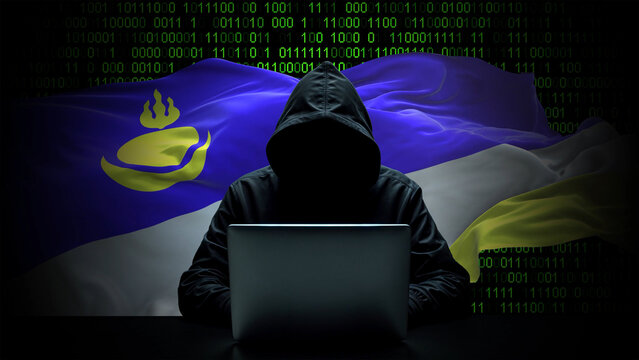 Buryatia flag - 3D realistic waving flag on matrix digital background with binary code