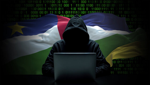 Central African Republic flag - 3D realistic waving flag on matrix digital background with binary code - Powered by Adobe