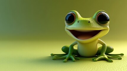 A Happy Green Frog Sitting On A Green Surface