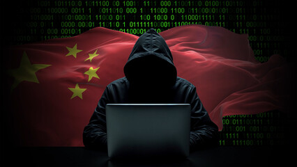 China flag - 3D realistic waving flag on matrix digital background with binary code