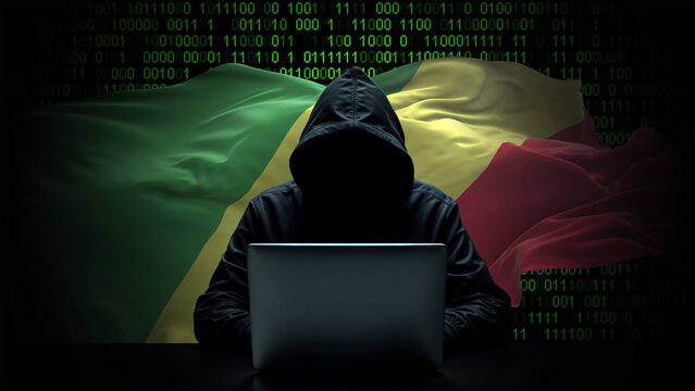 Congo Republic of the flag - 3D realistic waving flag on matrix digital background with binary code