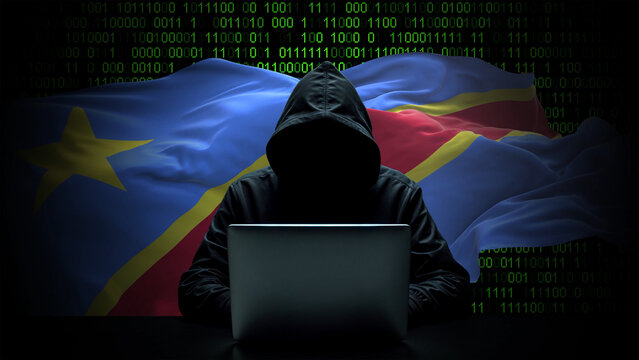 Congo Democratic Republic of the flag - 3D realistic waving flag on matrix digital background with binary code - Powered by Adobe