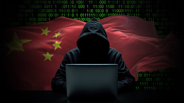 China flag - 3D realistic waving flag on matrix digital background with binary code - Powered by Adobe