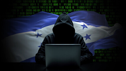 Honduras flag - 3D realistic waving flag on matrix digital background with binary code