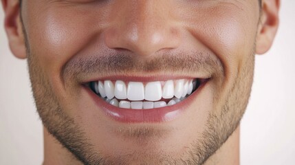 A close-up photograph of the mouth of a young man smiling brightly showing his teeth, conveying the message of dental care.