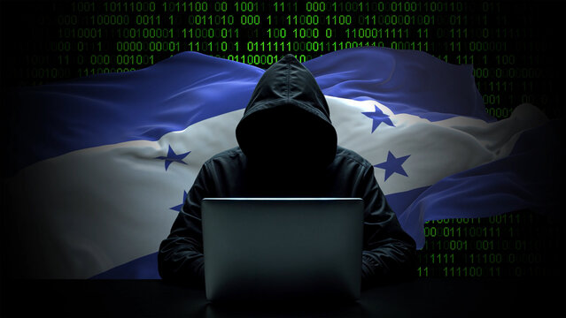 Honduras flag - 3D realistic waving flag on matrix digital background with binary code