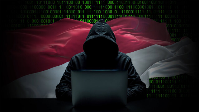 Indonesia flag - 3D realistic waving flag on matrix digital background with binary code - Powered by Adobe