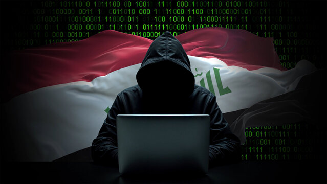 Iraq flag - 3D realistic waving flag on matrix digital background with binary code - Powered by Adobe