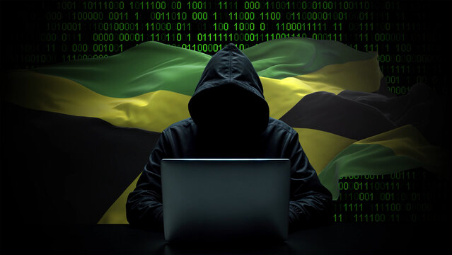 Jamaica flag - 3D realistic waving flag on matrix digital background with binary code - Powered by Adobe