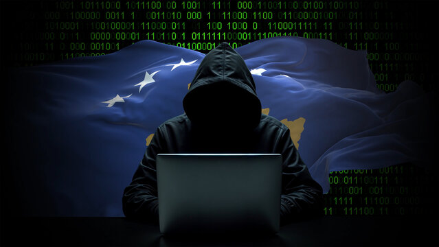 Kosovo flag - 3D realistic waving flag on matrix digital background with binary code - Powered by Adobe
