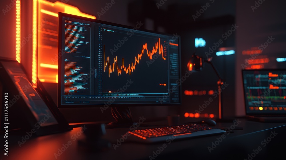 Poster nighttime workstation showing stock market data and code