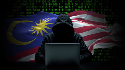 Malaysia flag - 3D realistic waving flag on matrix digital background with binary code