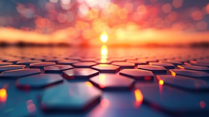 Obraz premium Breathtaking and captivating sunset reflection shimmering across a tranquil water surface composed of a geometric hexagonal pattern creating a serene and mesmerizing natural scene