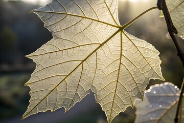 Backlit transparent leaf showcasing intricate vein patterns in natural sunlight