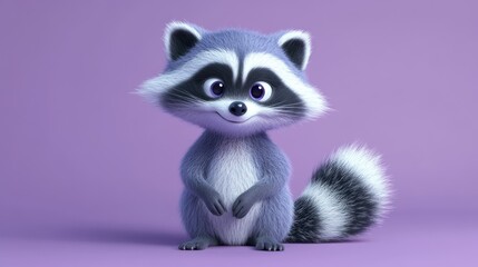 Adorable Cartoon Raccoon Sitting on Purple Background
