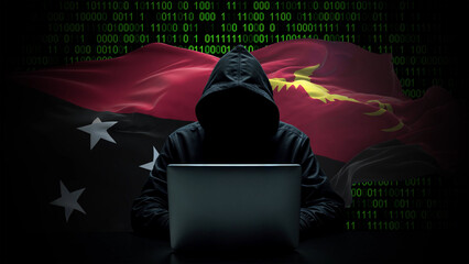 Papua New Guinea flag - 3D realistic waving flag on matrix digital background with binary code
