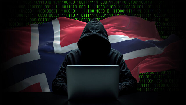 Norway flag - 3D realistic waving flag on matrix digital background with binary code