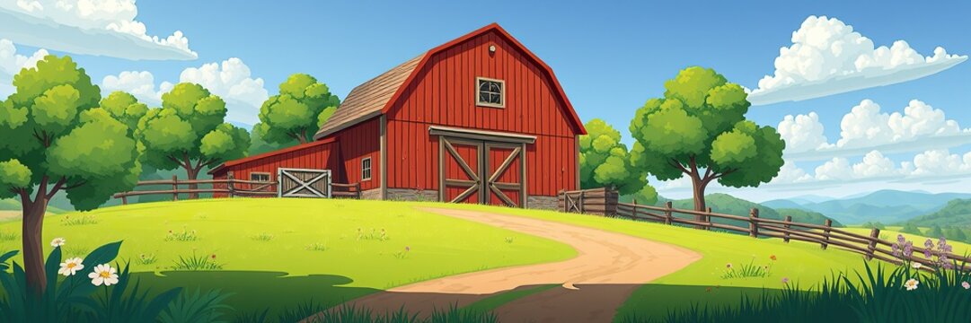 farm cartoon style illustration background multiple way with barn and green nature