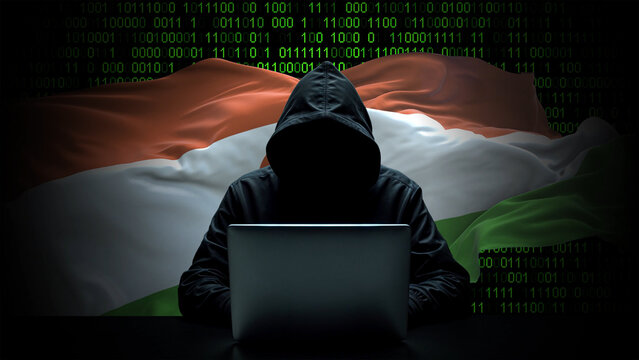 Niger flag - 3D realistic waving flag on matrix digital background with binary code