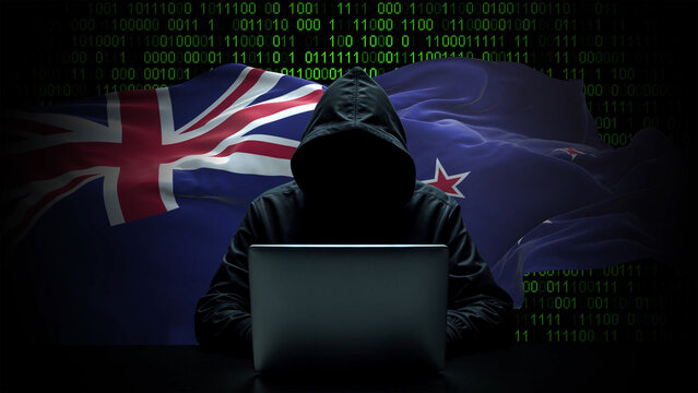 New Zealand flag - 3D realistic waving flag on matrix digital background with binary code - Powered by Adobe