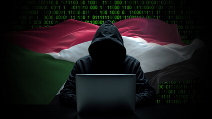 Sudan flag - 3D realistic waving flag on matrix digital background with binary code
