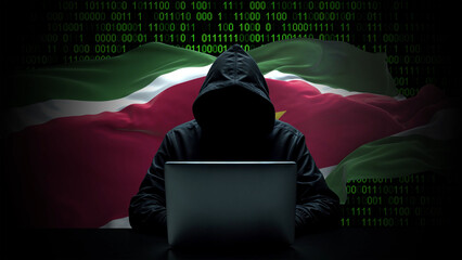 Suriname flag - 3D realistic waving flag on matrix digital background with binary code