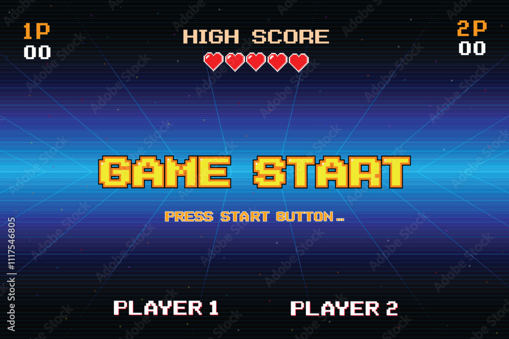 Poster game start. pixel art. 8 bit game. retro game. for game assets in vector illustrations. arcade gamin