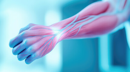 Illustration of a muscular arm showcasing anatomical details and nerve pathways.