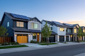 Modern homes with solar panels in a suburban neighborhood at dusk.