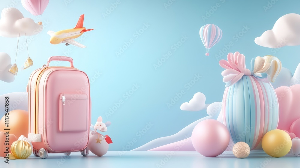 Poster vibrant 3d travel background with colorful elements and empty space