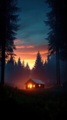 Obraz premium A cozy cabin amidst tall trees, glowing warmly at sunset, surrounded by a serene, darkening forest landscape.